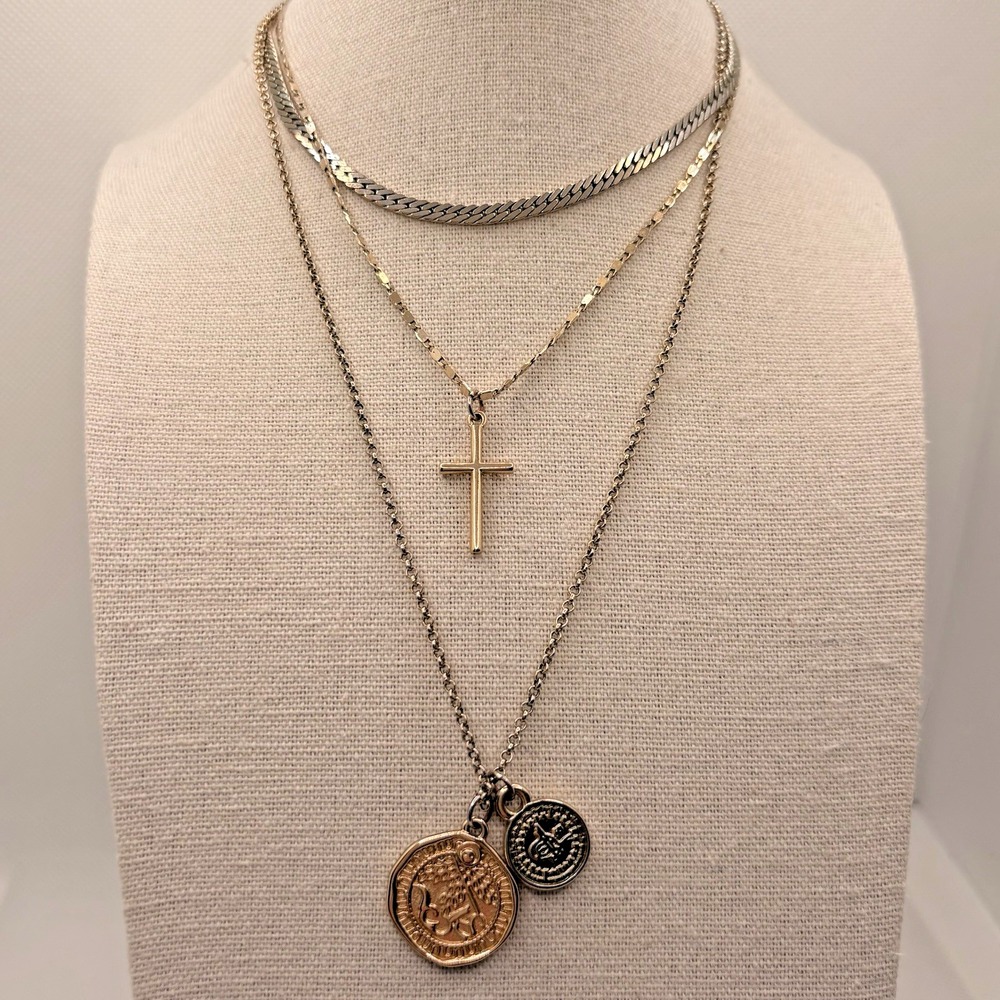 Lovisa Cross Religious Layered Necklace with Medallions Gold & Silver Tone 16"